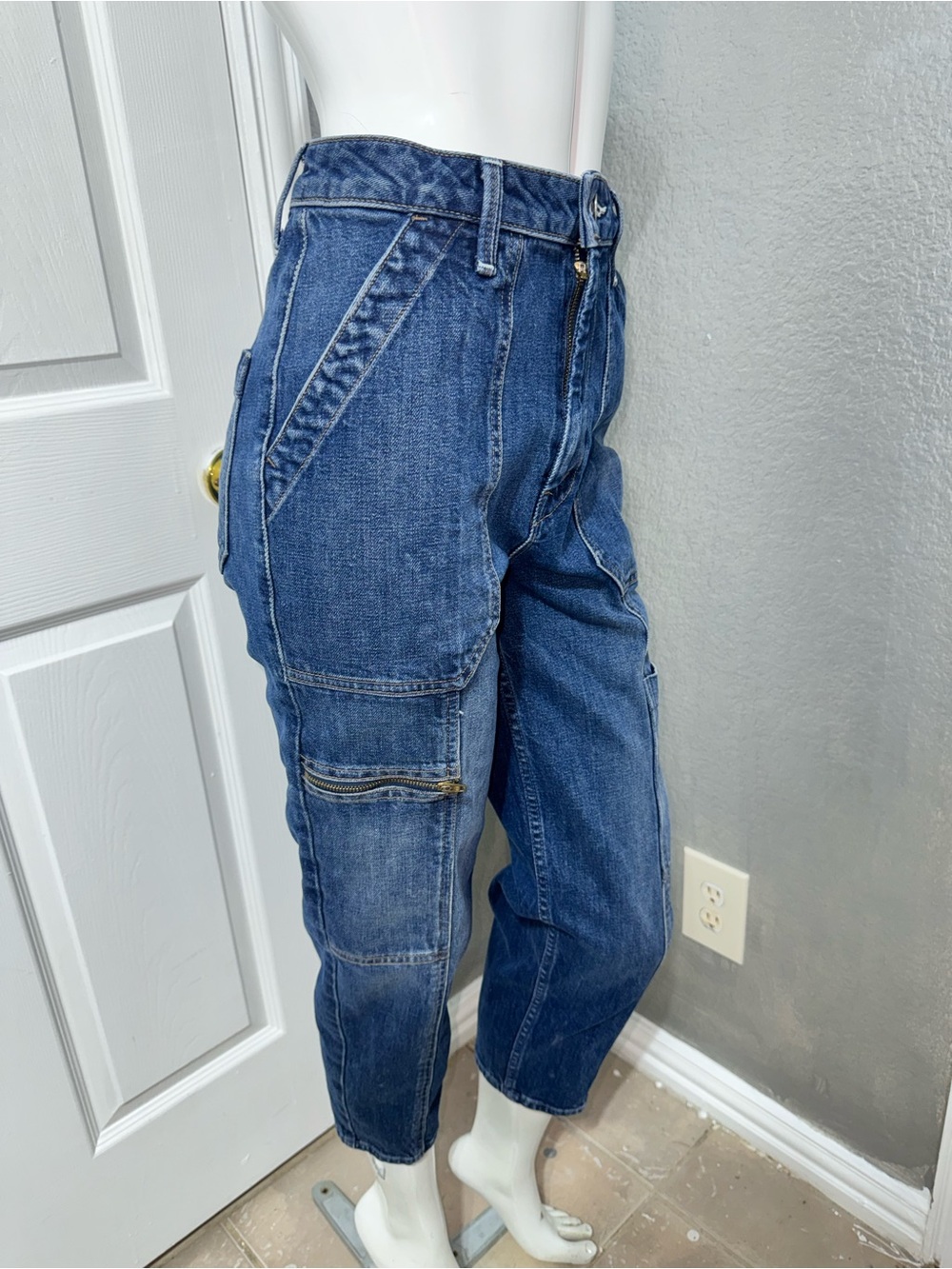 MOTHER Blue Denim Jeans with Silver Button Detail